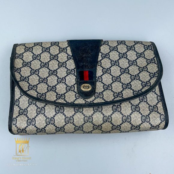 GUCCI VINTAGE SHERRY LINE GG WEB PVC CANVASS LEATHER NAVY BLUE - Picture 1 of 11